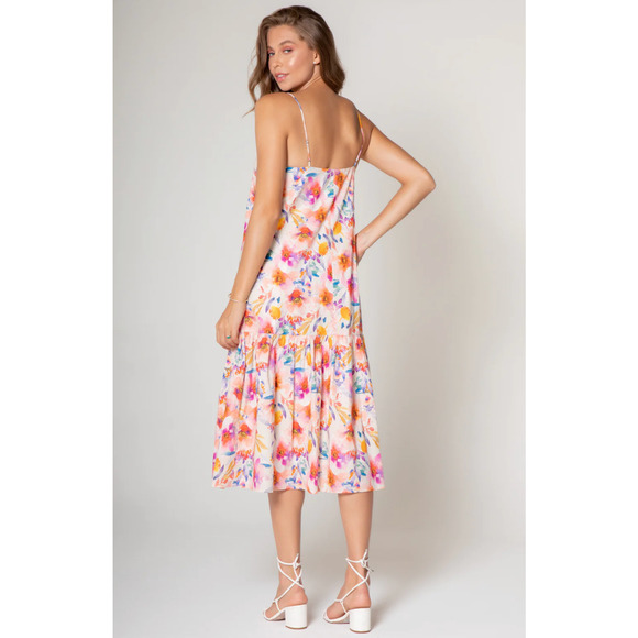 Lavender Brown Kai Midi Dress Floral Spaghetti Adjustable Strap Ruffle Hem Small - Picture 2 of 5